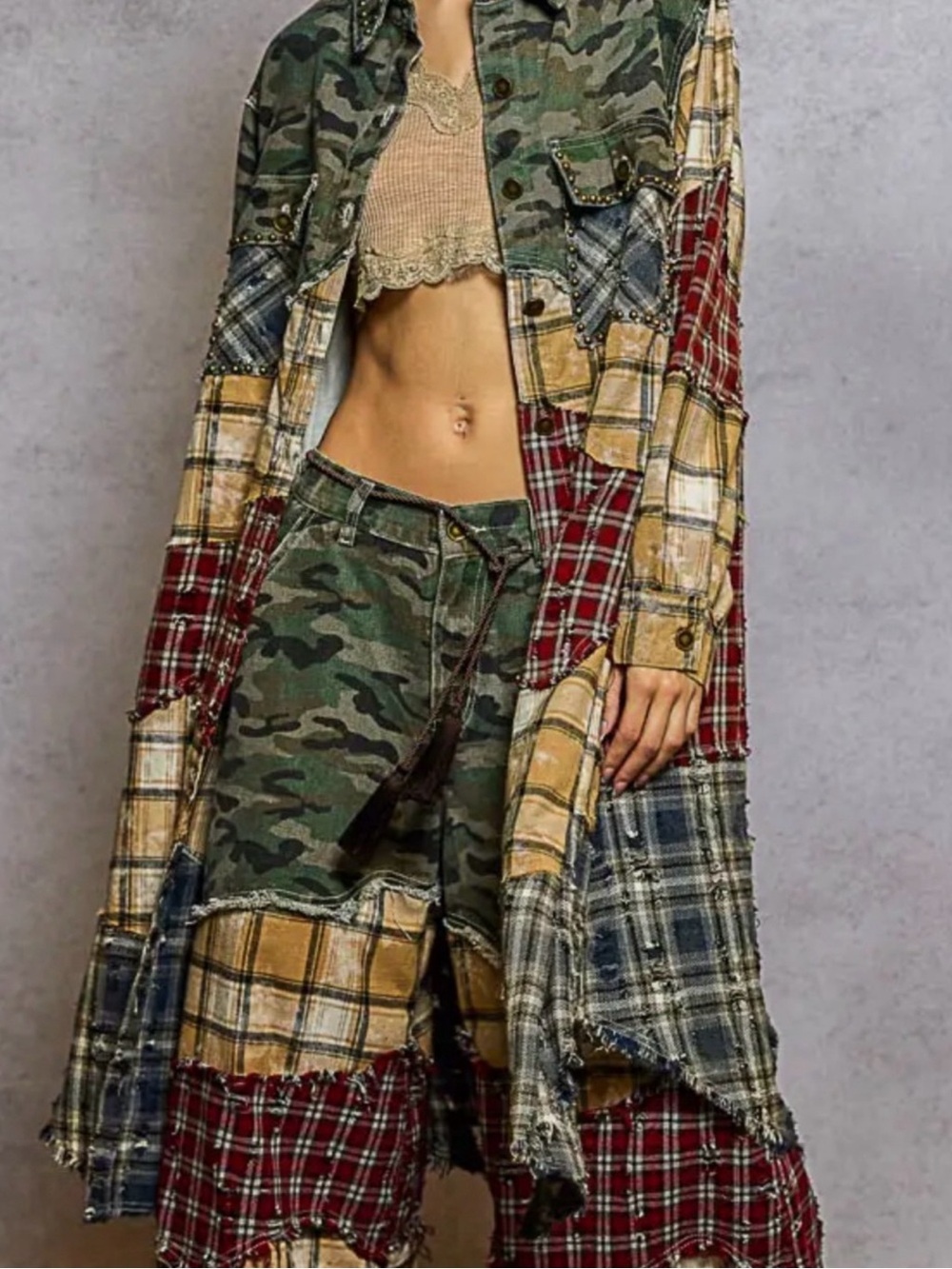 POL Patchwork Plaid & Camo Wide Leg Pants and Midi Duster Set - Picture 4 of 8